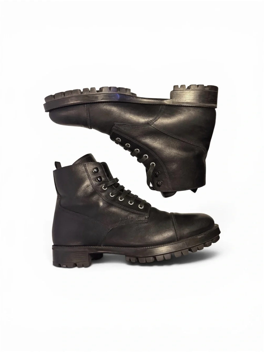 Prada Black Calf Leather Cap Toe Lug Sole Combat Boots Sz 9 Eu 42 Made In Italy